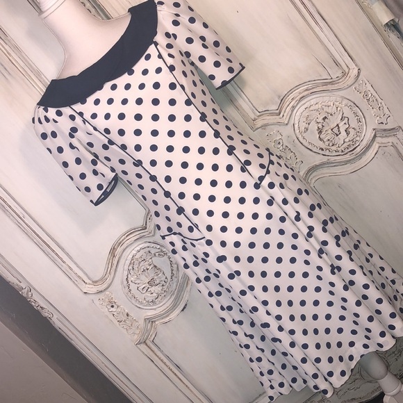 TRUE VINTAGE Hand Made Cream with Navy Dots Short Sleeve Sheath Dress - Picture 2 of 16